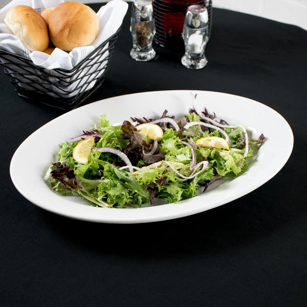 Acopa 16" X 11 1/4" Bright White Wide Rim Rolled Edge Oval Stoneware Platter - 6/Case 1 Acopa 16" X 11 1/4" Bright White Wide Rim Rolled Edge Oval Stoneware Platter - 6/Case