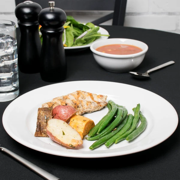 Acopa 11 1/4" Bright White Wide Rim Rolled Edge Stoneware Plate - 12/Case 1 Acopa 11 1/4" Bright White Wide Rim Rolled Edge Stoneware Plate - 12/Case