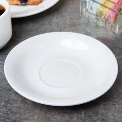 Acopa 6" Bright White Rolled Edge Stoneware Saucer - 36/Case