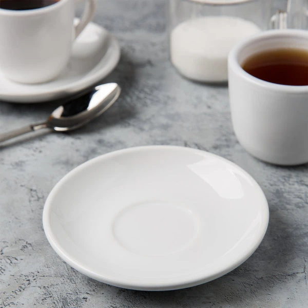 Acopa 5" Bright White Rolled Edge Demitasse Stoneware Saucer - 36/Case 1 Acopa 5" Bright White Rolled Edge Demitasse Stoneware Saucer - 36/Case