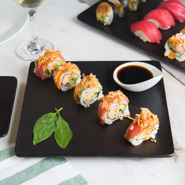Acopa 9" Square Matte Black Stoneware Flat Plate - 6/Case 1 Acopa 9" Square Matte Black Stoneware Flat Plate - 6/Case