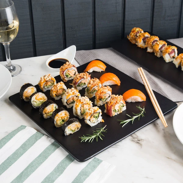 Acopa 12" Square Matte Black Stoneware Flat Plate - 6/Case 1 Acopa 12" Square Matte Black Stoneware Flat Plate - 6/Case