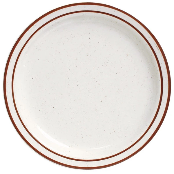 World Tableware DSD-16 Desert Sand 10 1/2" Brown Speckle Ivory (American White) Narrow Rim Stoneware Plate With Brown Bands - 12/Case 2 World Tableware DSD-16 Desert Sand 10 1/2" Brown Speckle Ivory (American White) Narrow Rim Stoneware Plate With Brown Bands - 12/Case - Image 2
