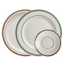 World Tableware DSD-16 Desert Sand 10 1/2" Brown Speckle Ivory (American White) Narrow Rim Stoneware Plate With Brown Bands - 12/Case 5 World Tableware DSD-16 Desert Sand 10 1/2" Brown Speckle Ivory (American White) Narrow Rim Stoneware Plate With Brown Bands - 12/Case -Acopa Sales 1872792