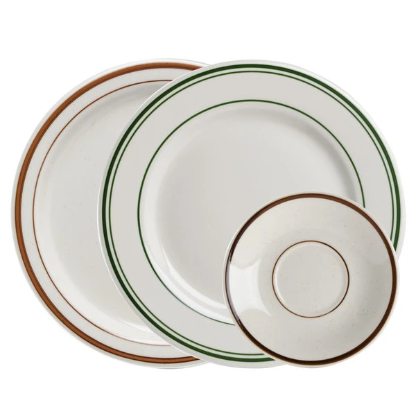 World Tableware DSD-16 Desert Sand 10 1/2" Brown Speckle Ivory (American White) Narrow Rim Stoneware Plate With Brown Bands - 12/Case 3 World Tableware DSD-16 Desert Sand 10 1/2" Brown Speckle Ivory (American White) Narrow Rim Stoneware Plate With Brown Bands - 12/Case - Image 3