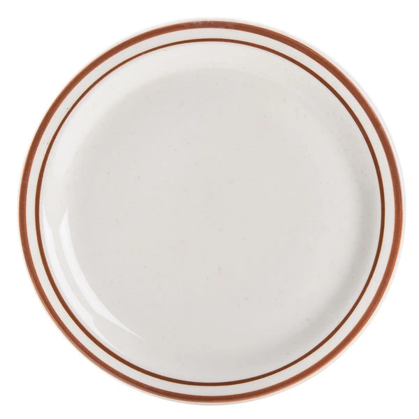World Tableware DSD-9 Desert Sand 9 1/2" Brown Speckle Ivory (American White) Narrow Rim Stoneware Plate With Brown Bands - 24/Case 2 World Tableware DSD-9 Desert Sand 9 1/2" Brown Speckle Ivory (American White) Narrow Rim Stoneware Plate With Brown Bands - 24/Case - Image 2