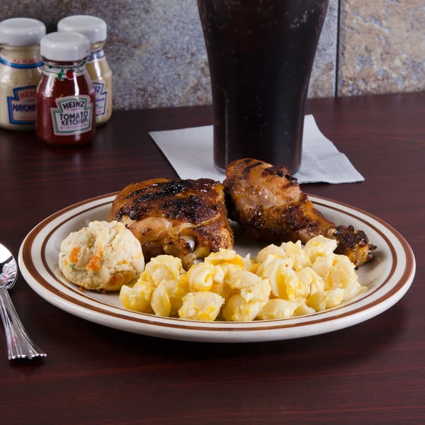 World Tableware DSD-9 Desert Sand 9 1/2" Brown Speckle Ivory (American White) Narrow Rim Stoneware Plate With Brown Bands - 24/Case 1 World Tableware DSD-9 Desert Sand 9 1/2" Brown Speckle Ivory (American White) Narrow Rim Stoneware Plate With Brown Bands - 24/Case