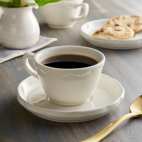 Acopa 6" Ivory (American White) Scalloped Edge Stoneware Saucer - 36/Case 4 Acopa 6" Ivory (American White) Scalloped Edge Stoneware Saucer - 36/Case - Image 4