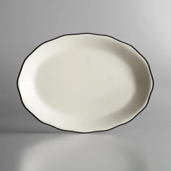 Acopa 11 5/8" X 8 1/2" Ivory (American White) Scalloped Edge Stoneware Platter With Black Band - 12/Case 2 Acopa 11 5/8" X 8 1/2" Ivory (American White) Scalloped Edge Stoneware Platter With Black Band - 12/Case - Image 2