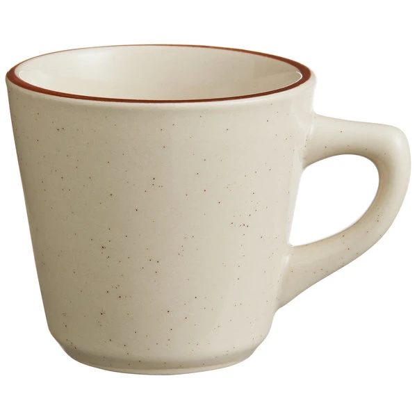 World Tableware DSD-1 Desert Sand 7 Oz. Brown Speckle Ivory (American White) Narrow Rim Stoneware Tall Cup With Brown Band - 36/Case 1 World Tableware DSD-1 Desert Sand 7 Oz. Brown Speckle Ivory (American White) Narrow Rim Stoneware Tall Cup With Brown Band - 36/Case