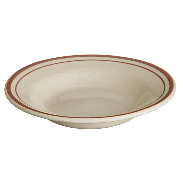 World Tableware DSD-3 Desert Sand 12 Oz. Brown Speckle Ivory (American White) Narrow Rim Stoneware Soup Bowl With Brown Bands - 24/Case 1 World Tableware DSD-3 Desert Sand 12 Oz. Brown Speckle Ivory (American White) Narrow Rim Stoneware Soup Bowl With Brown Bands - 24/Case
