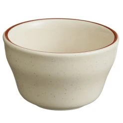 World Tableware DSD-4 Desert Sand 7.25 Oz. Brown Speckle Ivory (American White) Narrow Rim Stoneware Bouillon With Brown Band - 36/Case