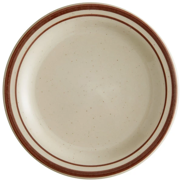 World Tableware DSD-5 Desert Sand 5 1/2" Brown Speckle Ivory (American White) Narrow Rim Stoneware Plate With Brown Bands - 36/Case 1 World Tableware DSD-5 Desert Sand 5 1/2" Brown Speckle Ivory (American White) Narrow Rim Stoneware Plate With Brown Bands - 36/Case