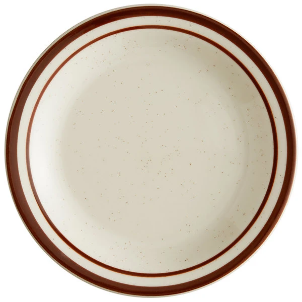 World Tableware DSD-6 Desert Sand 6 1/2" Brown Speckle Ivory (American White) Narrow Rim Stoneware Plate With Brown Bands - 36/Case 1 World Tableware DSD-6 Desert Sand 6 1/2" Brown Speckle Ivory (American White) Narrow Rim Stoneware Plate With Brown Bands - 36/Case