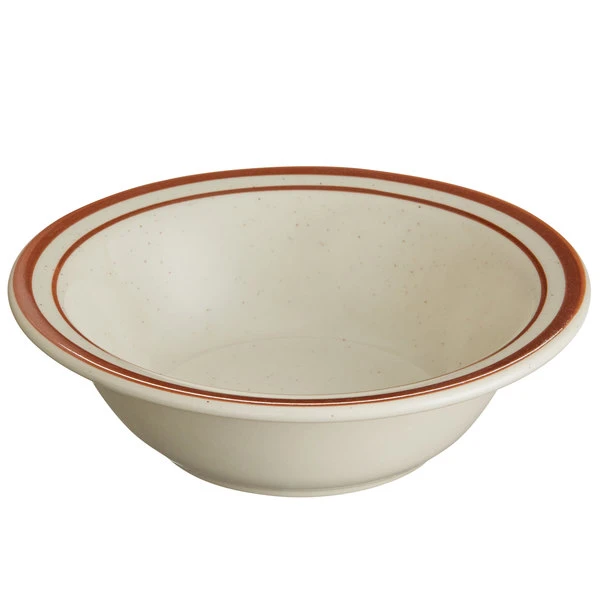 World Tableware DSD-10 Desert Sand 13 Oz. Brown Speckle Ivory (American White) Narrow Rim Stoneware Grapefruit Bowl With Brown Bands - 36/Case 1 World Tableware DSD-10 Desert Sand 13 Oz. Brown Speckle Ivory (American White) Narrow Rim Stoneware Grapefruit Bowl With Brown Bands - 36/Case