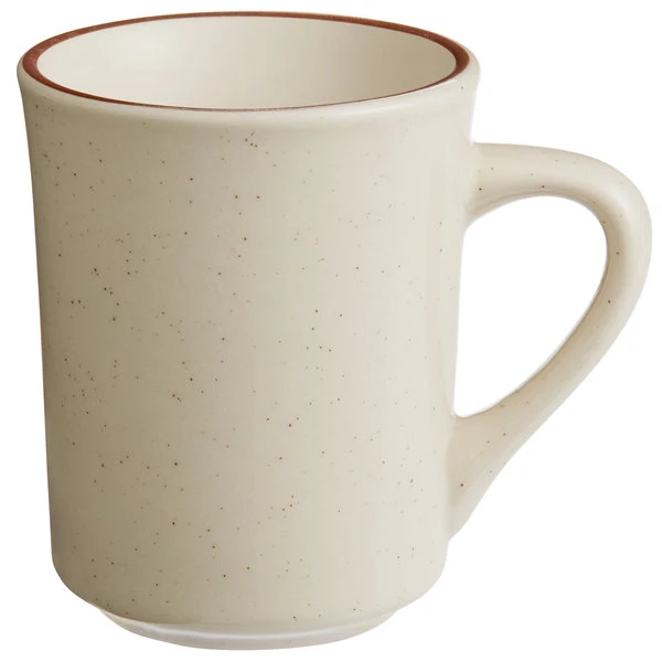 World Tableware DSD-17 Desert Sand 8.5 Oz. Brown Speckle Ivory (American White) Narrow Rim Stoneware Mug With Brown Band - 36/Case 1 World Tableware DSD-17 Desert Sand 8.5 Oz. Brown Speckle Ivory (American White) Narrow Rim Stoneware Mug With Brown Band - 36/Case