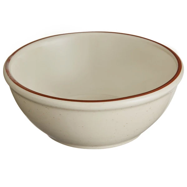 World Tableware DSD-18 Desert Sand 16 Oz. Brown Speckle Ivory (American White) Narrow Rim Stoneware Oatmeal Bowl With Brown Band - 36/Case 1 World Tableware DSD-18 Desert Sand 16 Oz. Brown Speckle Ivory (American White) Narrow Rim Stoneware Oatmeal Bowl With Brown Band - 36/Case