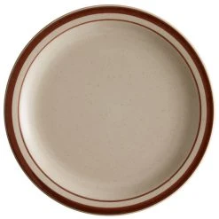 World Tableware DSD-8 Desert Sand 9" Brown Speckle Ivory (American White) Narrow Rim Stoneware Plate With Brown Bands - 24/Case