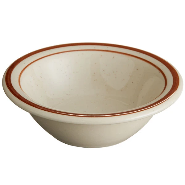 World Tableware DSD-11 Desert Sand 4 Oz. Brown Speckle Ivory (American White) Narrow Rim Stoneware Fruit Bowl With Brown Bands - 36/Case 1 World Tableware DSD-11 Desert Sand 4 Oz. Brown Speckle Ivory (American White) Narrow Rim Stoneware Fruit Bowl With Brown Bands - 36/Case