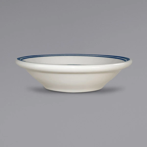 International Tableware CT-11 Catania 5 Oz. Ivory (American White) Stoneware Fruit Bowl With Blue Bands - 36/Case 1 International Tableware CT-11 Catania 5 Oz. Ivory (American White) Stoneware Fruit Bowl With Blue Bands - 36/Case
