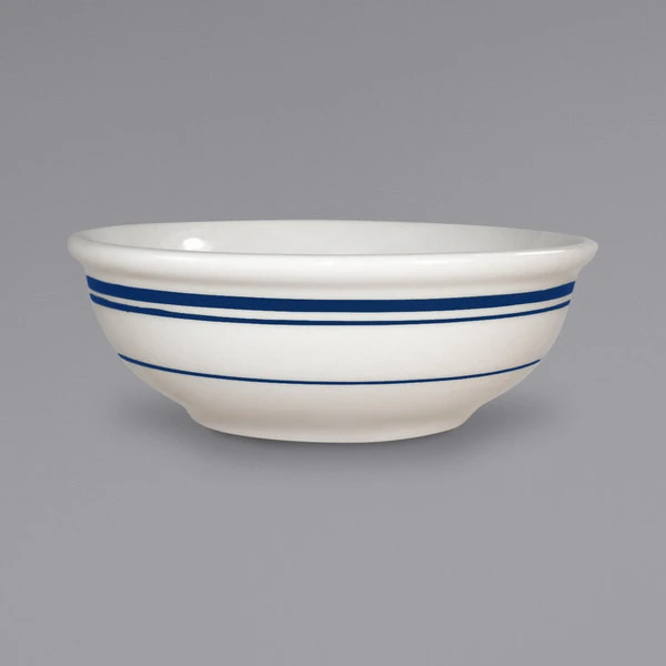 International Tableware CT-15 Catania 14 Oz. Ivory (American White) Stoneware Nappie / Oatmeal Bowl With Blue Bands - 36/Case 1 International Tableware CT-15 Catania 14 Oz. Ivory (American White) Stoneware Nappie / Oatmeal Bowl With Blue Bands - 36/Case