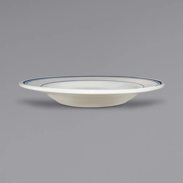 International Tableware CT-105 Catania 16 Oz. Ivory (American White) Stoneware Pasta Bowl With Blue Bands - 12/Case 1 International Tableware CT-105 Catania 16 Oz. Ivory (American White) Stoneware Pasta Bowl With Blue Bands - 12/Case