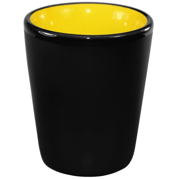 International Tableware 81122-2900/05MF-05C Hilo 1.5 Oz. Yellow In / Black Out Stoneware Shot Glass - 24/Case 1 International Tableware 81122-2900/05MF-05C Hilo 1.5 Oz. Yellow In / Black Out Stoneware Shot Glass - 24/Case