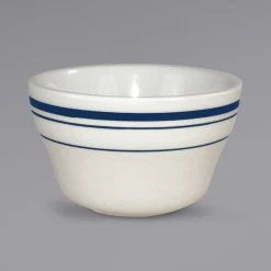 International Tableware CT-4 Catania 12 Oz. Ivory (American White) Stoneware Bouillon With Blue Bands - 36/Case
