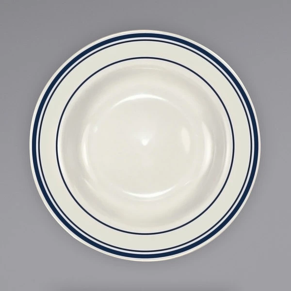 International Tableware CT-3 Catania 12 Oz. Ivory (American White) Stoneware Deep Rim Soup Bowl With Blue Bands - 24/Case 2 International Tableware CT-3 Catania 12 Oz. Ivory (American White) Stoneware Deep Rim Soup Bowl With Blue Bands - 24/Case - Image 2