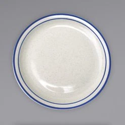 International Tableware DA-16 Danube 10 1/2" Ivory (American White) Blue Speckled Narrow Rim Stoneware Plate With Blue Bands - 12/Case