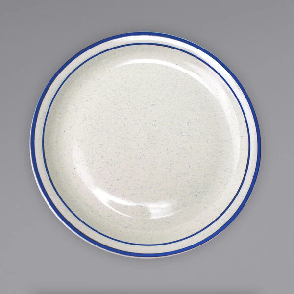 International Tableware DA-16 Danube 10 1/2" Ivory (American White) Blue Speckled Narrow Rim Stoneware Plate With Blue Bands - 12/Case 1 International Tableware DA-16 Danube 10 1/2" Ivory (American White) Blue Speckled Narrow Rim Stoneware Plate With Blue Bands - 12/Case
