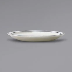 Alternative view of International Tableware DA-16 Danube 10 1/2" Ivory (American White) Blue Speckled Narrow Rim Stoneware Plate With Blue Bands - 12/Case