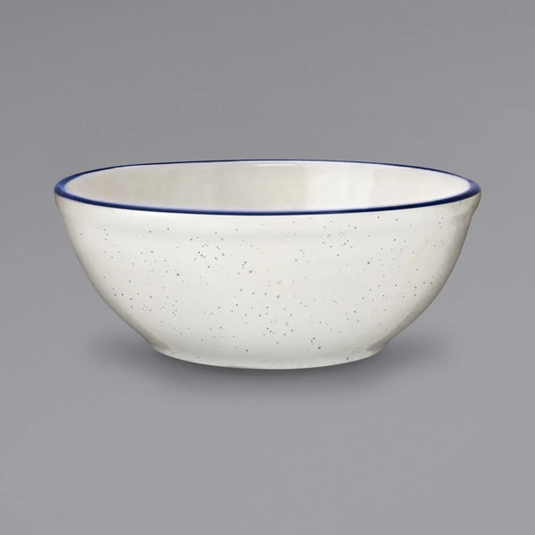 International Tableware DA-18 Danube 16 Oz. Ivory (American White) Blue Speckled Stoneware Nappie / Oatmeal Bowl With Blue Bands - 36/Case 1 International Tableware DA-18 Danube 16 Oz. Ivory (American White) Blue Speckled Stoneware Nappie / Oatmeal Bowl With Blue Bands - 36/Case