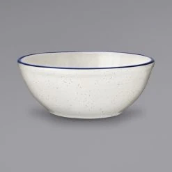 International Tableware DA-24 Danube 10 Oz. Ivory (American White) Blue Speckled Stoneware Nappie / Oatmeal Bowl With Blue Bands - 36/Case