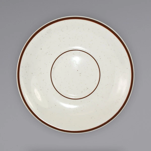 International Tableware GR-2 Granada 5 1/2" Ivory (American White) Brown Speckled Stoneware Saucer - 36/Case 1 International Tableware GR-2 Granada 5 1/2" Ivory (American White) Brown Speckled Stoneware Saucer - 36/Case