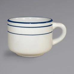 International Tableware CT-23 Catania 7 Oz. Ivory (American White) Stoneware Stacking Cup With Blue Bands - 36/Case