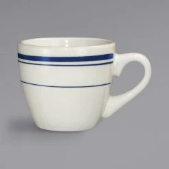 International Tableware CT-35 Catania 3.5 Oz. Ivory (American White) Stoneware A.D. Espresso Cup With Blue Bands - 36/Case