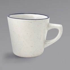 International Tableware DA-1 Danube 7 Oz. Ivory (American White) Blue Speckled Stoneware Tall Cup With Blue Bands - 36/Case