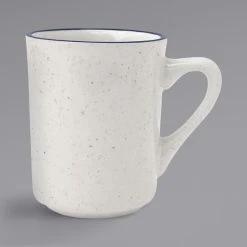 International Tableware DA-17 Danube 8.5 Oz. Ivory (American White) Blue Speckled Stoneware Toledo Cup With Blue Bands - 36/Case