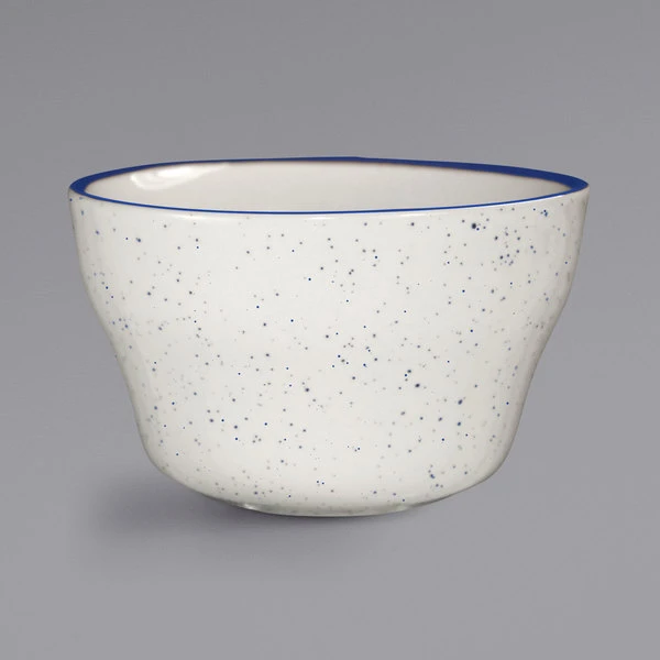 International Tableware DA-4 Danube 7.25 Oz. Ivory (American White) Blue Speckled Stoneware Bouillon With Blue Bands - 36/Case 1 International Tableware DA-4 Danube 7.25 Oz. Ivory (American White) Blue Speckled Stoneware Bouillon With Blue Bands - 36/Case