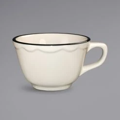 International Tableware SY-1 Sydney 7.5 Oz. Ivory (American White) Scalloped Edge Stoneware Tall Cup With Black Rim - 36/Case