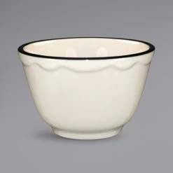 International Tableware SY-4 Sydney 7.25 Oz. Ivory (American White) Scalloped Edge Stoneware Bouillon With Black Rim - 36/Case