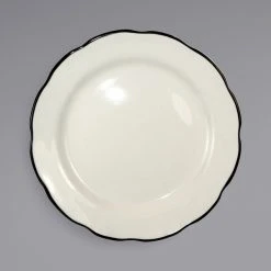 International Tableware SY-9 Sydney 9 7/8" Ivory (American White) Scalloped Edge Stoneware Plate With Black Rim - 24/Case