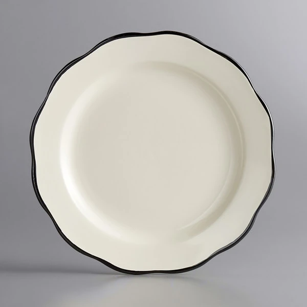 Acopa 7 3/8" Ivory (American White) Scalloped Edge Stoneware Plate With Black Band - 36/Case 2 Acopa 7 3/8" Ivory (American White) Scalloped Edge Stoneware Plate With Black Band - 36/Case - Image 2