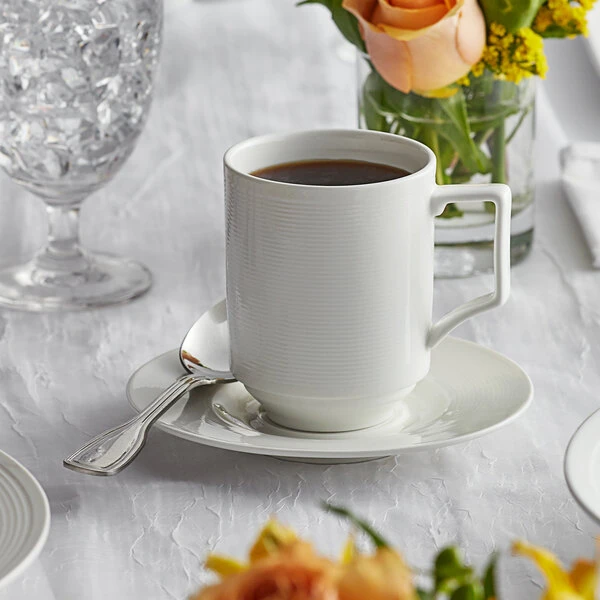 Acopa Liana 9 Oz. Bright White Embossed Lines Stackable Porcelain Cup - 36/Case 1 Acopa Liana 9 Oz. Bright White Embossed Lines Stackable Porcelain Cup - 36/Case