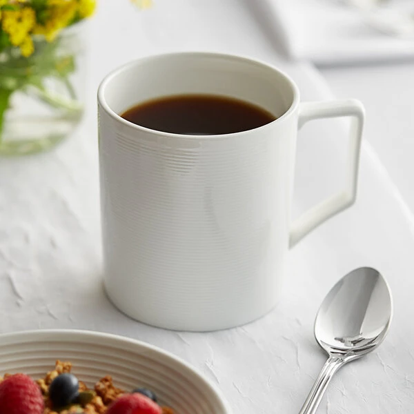 Acopa Liana 14.5 Oz. Bright White Embossed Lines Porcelain Mug - 36/Case 1 Acopa Liana 14.5 Oz. Bright White Embossed Lines Porcelain Mug - 36/Case