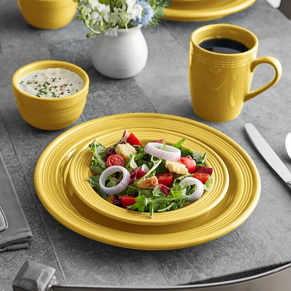 Acopa Capri Citrus Yellow Stoneware Dinnerware Set With Service For 12 - 48/Pack 1 Acopa Capri Citrus Yellow Stoneware Dinnerware Set With Service For 12 - 48/Pack