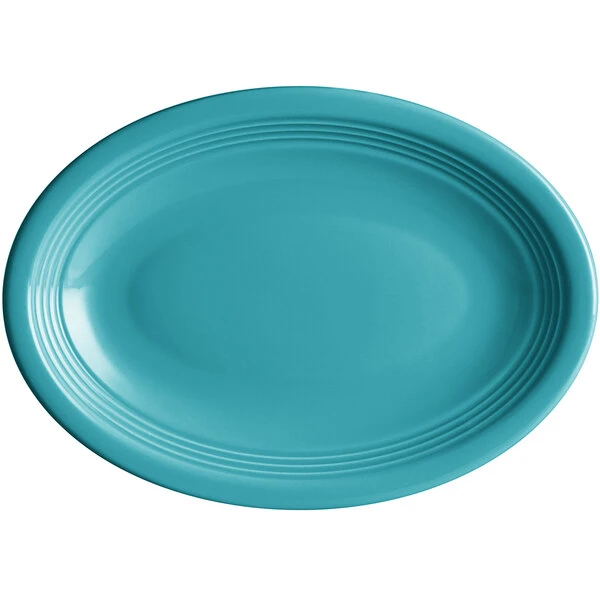 Sample - Acopa Capri 9 3/4" X 7" Caribbean Turquoise Oval Stoneware Coupe Platter 2 Sample - Acopa Capri 9 3/4" X 7" Caribbean Turquoise Oval Stoneware Coupe Platter - Image 2