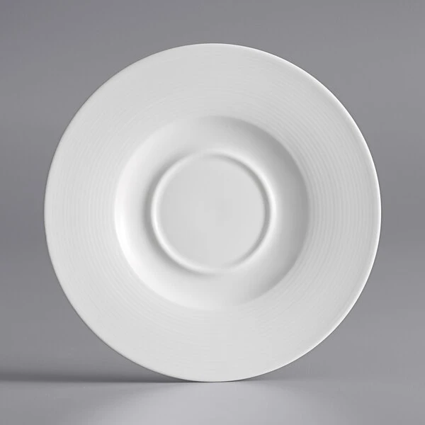 Sample - Acopa Liana 6" Bright White Embossed Lines Wide Rim Porcelain Saucer 2 Sample - Acopa Liana 6" Bright White Embossed Lines Wide Rim Porcelain Saucer - Image 2