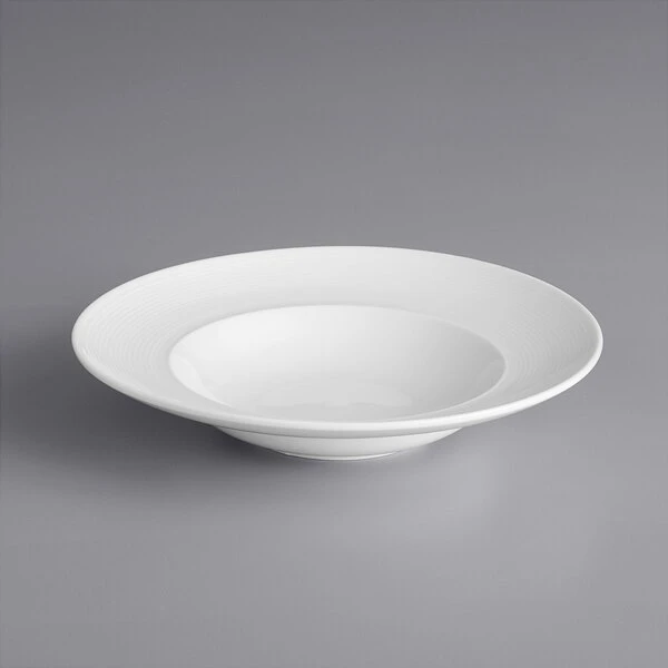 Sample - Acopa Liana 9 Oz. Bright White Embossed Lines Wide Rim Porcelain Soup Bowl 2 Sample - Acopa Liana 9 Oz. Bright White Embossed Lines Wide Rim Porcelain Soup Bowl - Image 2